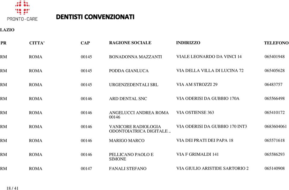 ROMA 00146 VANICORE RADIOLOGIA ODONTOIATRICA DIGITALE.