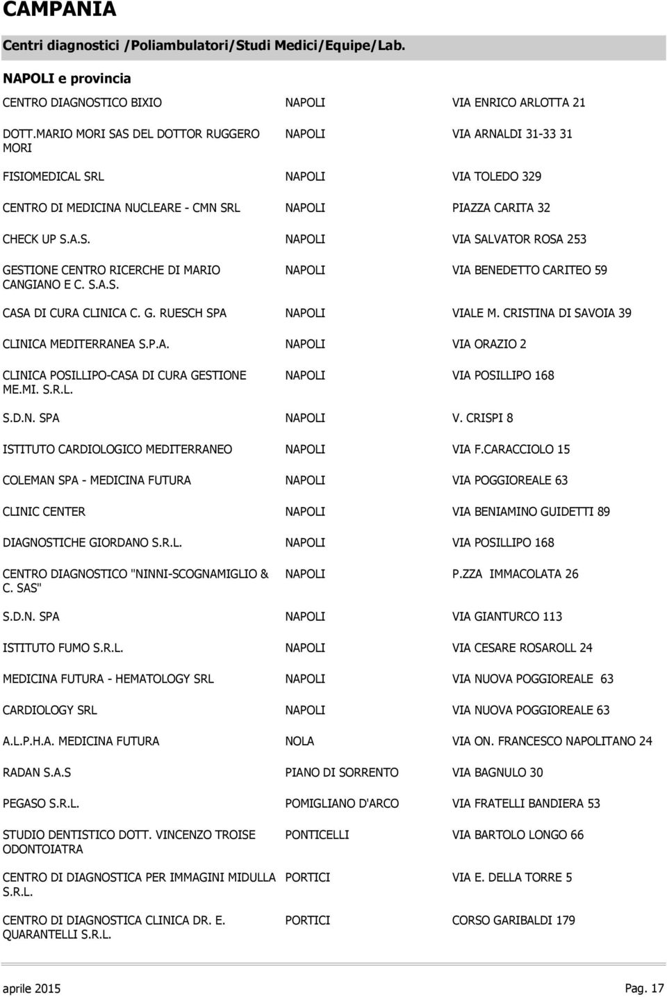 S.A.S. NAPOLI VIA BENEDETTO CARITEO 59 CASA DI CURA CLINICA C. G. RUESCH SPA NAPOLI VIALE M. CRISTINA DI SAVOIA 39 CLINICA MEDITERRANEA S.P.A. NAPOLI VIA ORAZIO 2 CLINICA POSILLIPO-CASA DI CURA GESTIONE ME.