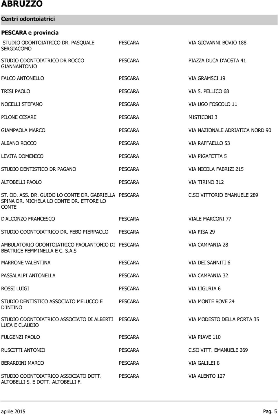 PELLICO 68 NOCELLI STEFANO PESCARA VIA UGO FOSCOLO 11 PILONE CESARE PESCARA MISTICONI 3 GIAMPAOLA MARCO PESCARA VIA NAZIONALE ADRIATICA NORD 90 ALBANO ROCCO PESCARA VIA RAFFAELLO 53 LEVITA DOMENICO