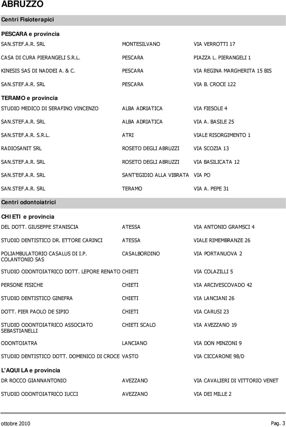 BASILE 25 SAN.STEF.A.R. S.R.L. ATRI VIALE RISORGIMENTO 1 RADIOSANIT SRL ROSETO DEGLI ABRUZZI VIA SCOZIA 13 SAN.STEF.A.R. SRL ROSETO DEGLI ABRUZZI VIA BASILICATA 12 SAN.STEF.A.R. SRL SANT'EGIDIO ALLA VIBRATA VIA PO SAN.