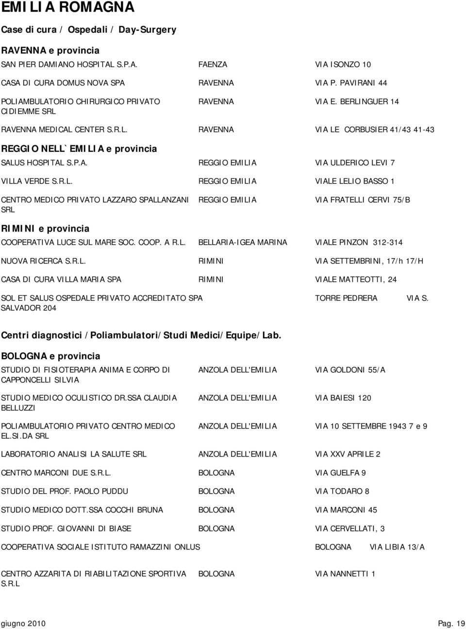 P.A. REGGIO EMILIA VIA ULDERICO LEVI 7 VILLA VERDE S.R.L. REGGIO EMILIA VIALE LELIO BASSO 1 CENTRO MEDICO PRIVATO LAZZARO SPALLANZANI REGGIO EMILIA VIA FRATELLI CERVI 75/B SRL RIMINI e provincia COOPERATIVA LUCE SUL MARE SOC.