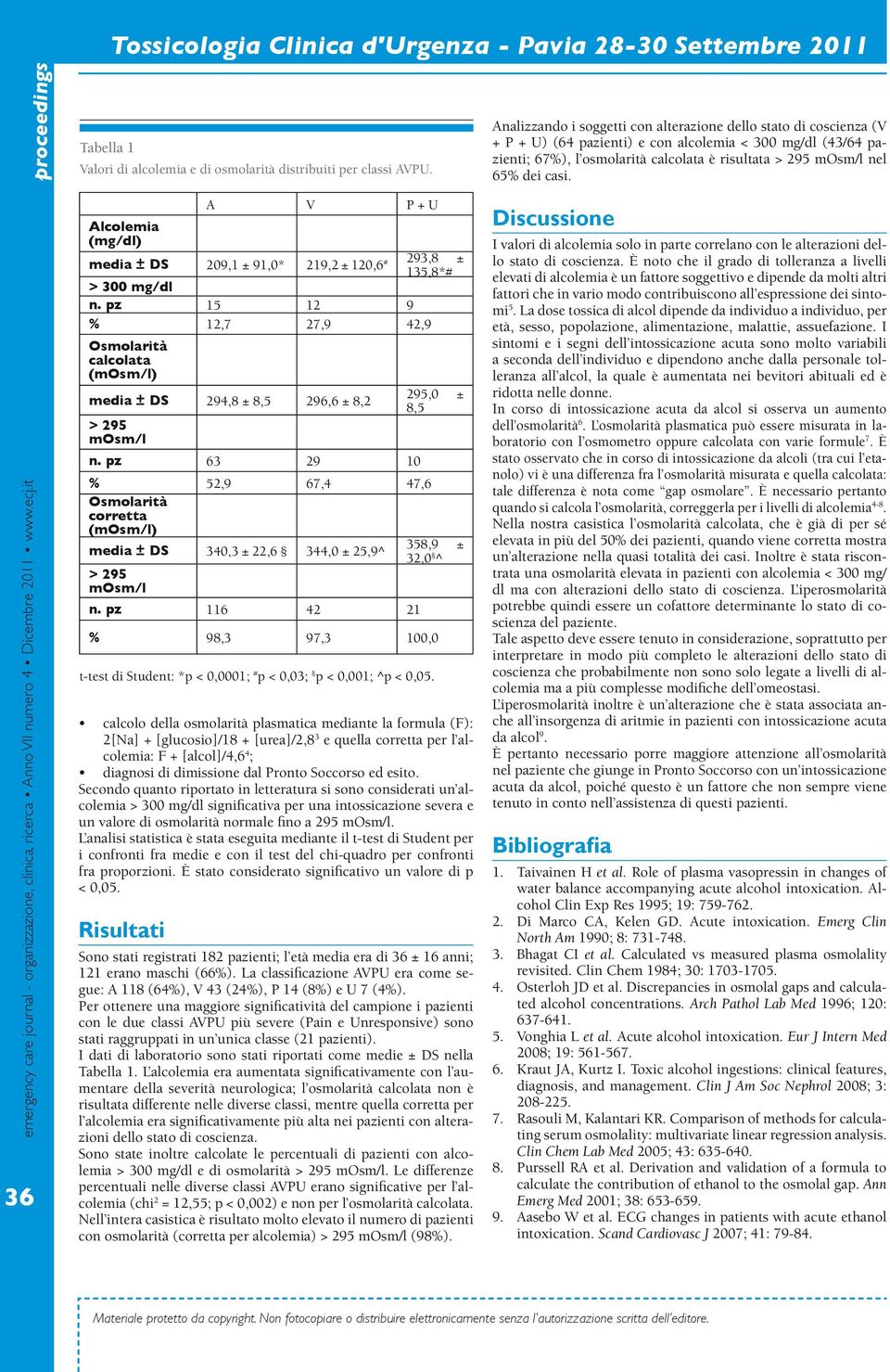 dei casi. 36 A V P + U Alcolemia (mg/dl) media ± DS 209,1 ± 91,0* 219,2 ± 120,6 # 293,8 ± 135,8*# > 300 mg/dl n.