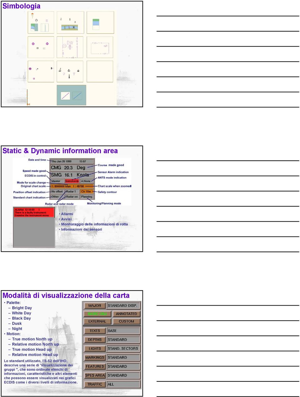 motion Head up Relative motion Head up Lo standard utilizzato, l S-52 dell IHO, descrive una serie di 'Visualizzazione dei gruppi ", che sono