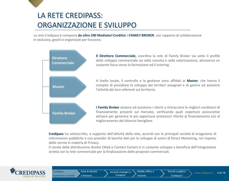 Direttore Commerciale Il Direttore Commerciale, coordina la rete di Family Broker sia sotto il profilo dello sviluppo commerciale sia nella crescita e nella valorizzazione, attraverso un costante