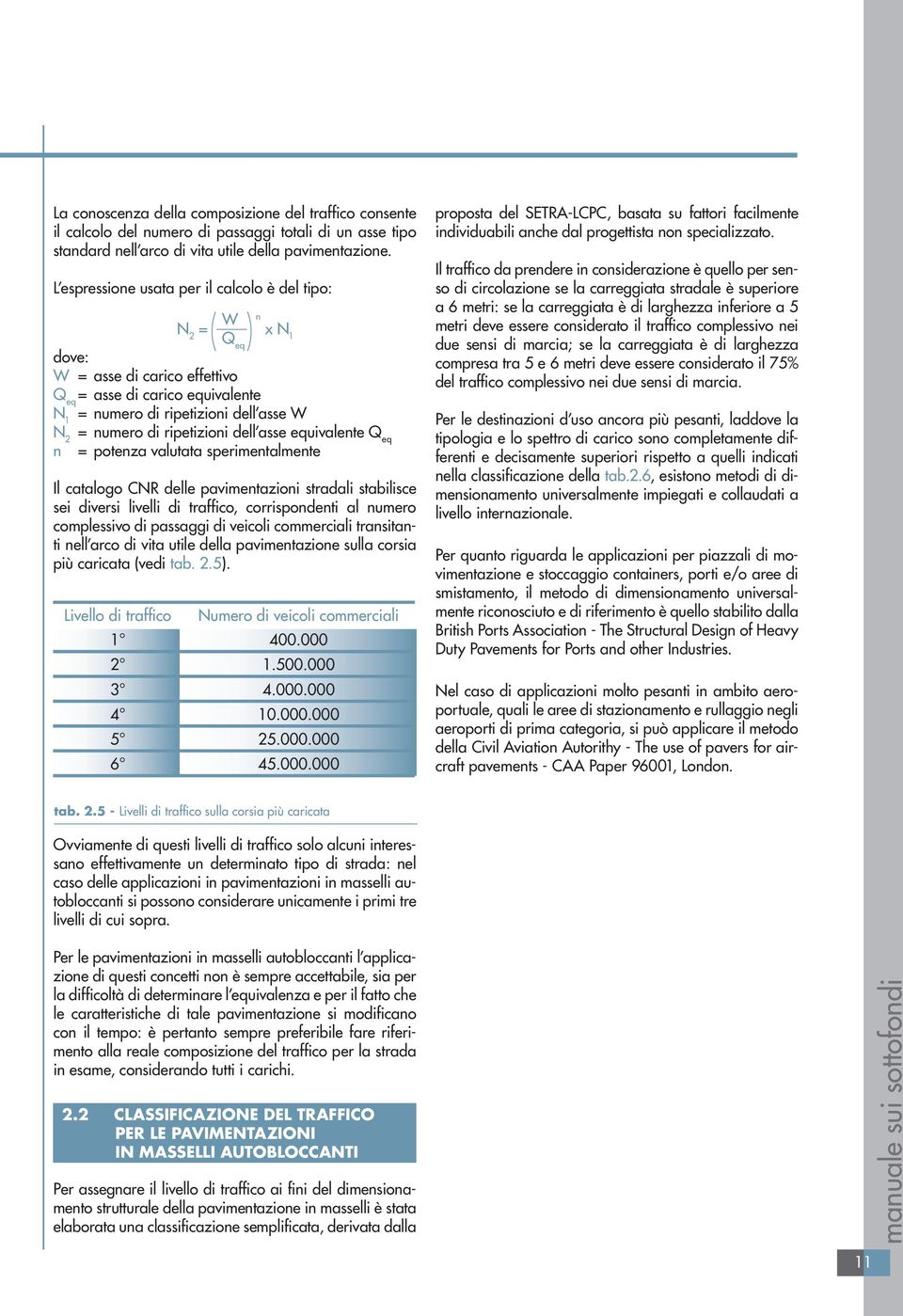 ripetizioni dell asse equivalente Q eq n = potenza valutata sperimentalmente Il catalogo CNR delle pavimentazioni stradali stabilisce sei diversi livelli di traffico, corrispondenti al numero