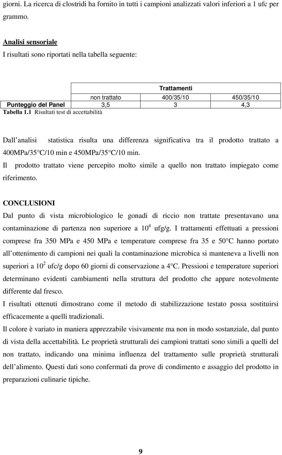 1 Risultati test di accettabilità Dall analisi statistica risulta una differenza significativa tra il prodotto trattato a 400MPa/35 C/10 min e 450MPa/35 C/10 min.