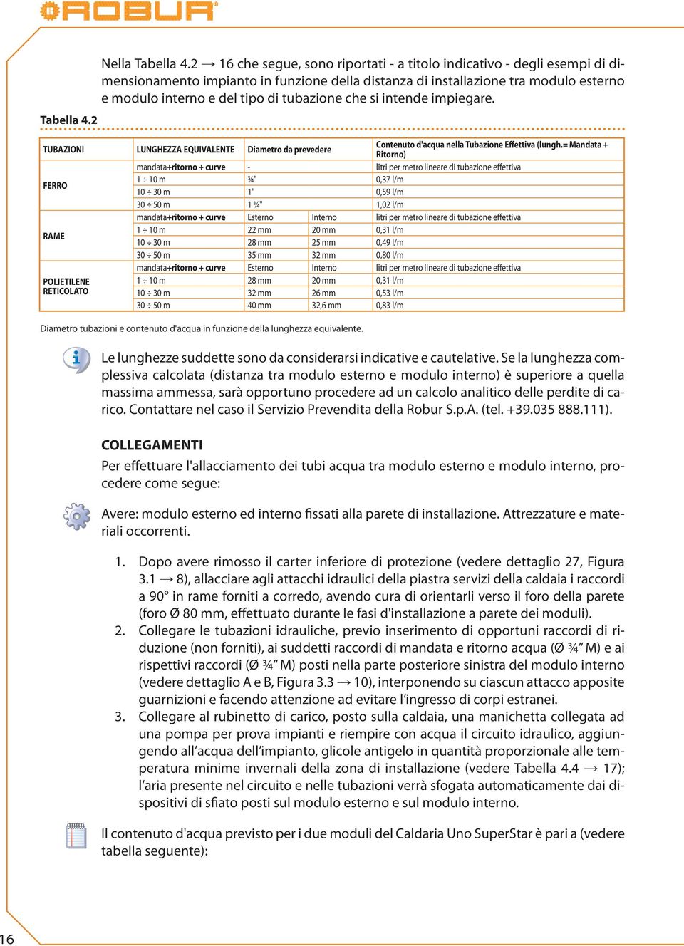 che si intende impiegare. TUBAZIONI LUNGHEZZA EQUIVALENTE Diametro da prevedere Contenuto d'acqua nella Tubazione Effettiva (lungh.