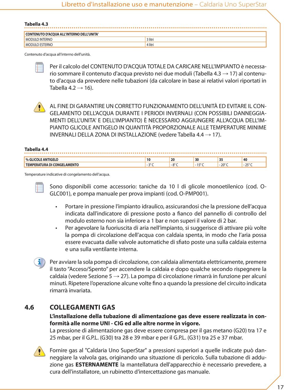 Per il calcolo del CONTENUTO D'ACQUA TOTALE DA CARICARE NELL'IMPIANTO è necessario sommare il contenuto d'acqua previsto nei due moduli (Tabella 4.