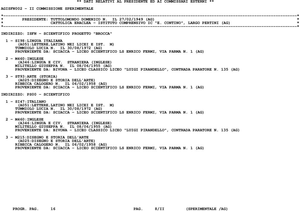 CONTINO", LARGO PERTINI (AG) * INDIRIZZO: ISFN - SCIENTIFICO PROGETTO "BROCCA" 1 - SI98:LINGUA ITALIANA (A051:LETTERE,LATINO NEI LICEI E IST. M) TUMMIOLO LUCIA N.