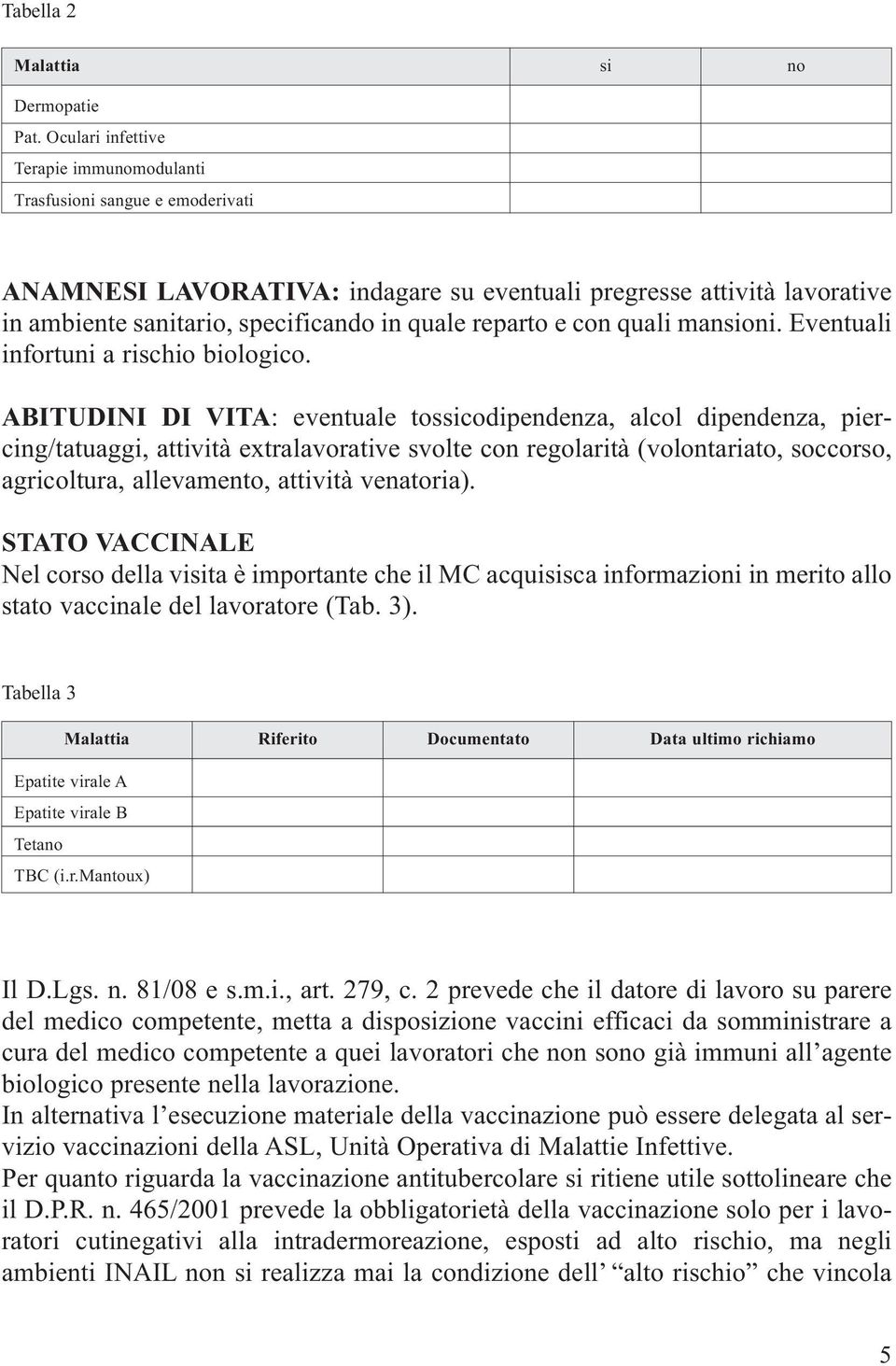 reparto e con quali mansioni. Eventuali infortuni a rischio biologico.