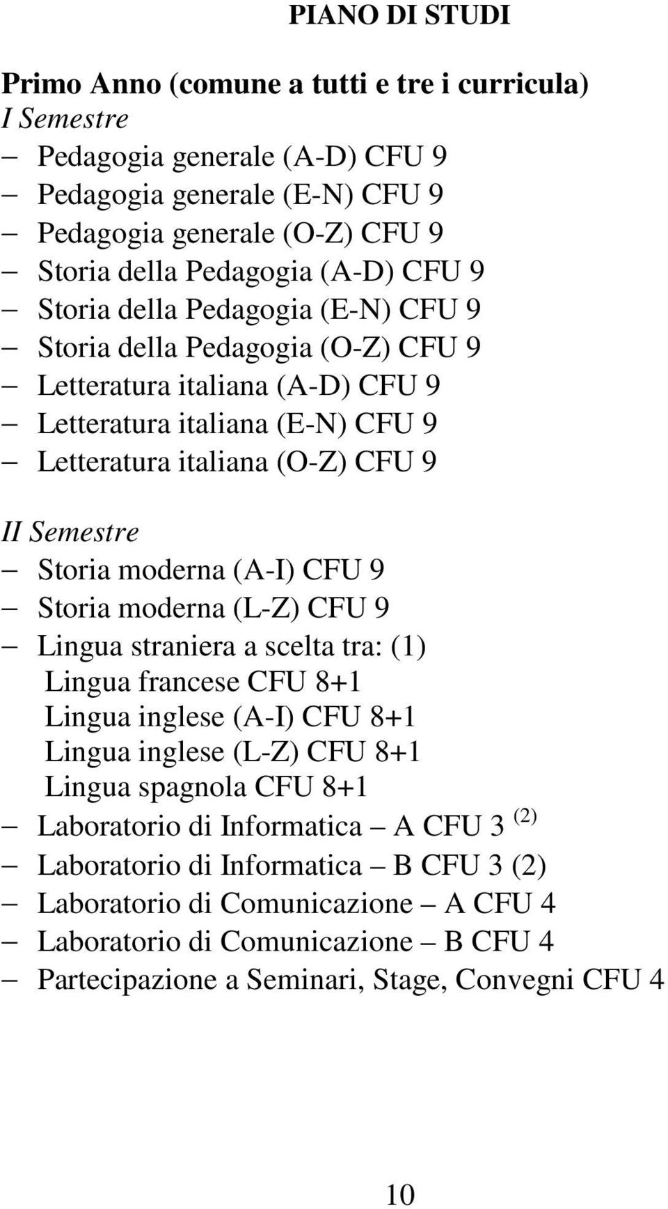 (A-I) CFU 9 Storia moderna (L-Z) CFU 9 Lingua straniera a scelta tra: (1) Lingua francese CFU 8+1 Lingua inglese (A-I) CFU 8+1 Lingua inglese (L-Z) CFU 8+1 Lingua spagnola CFU 8+1