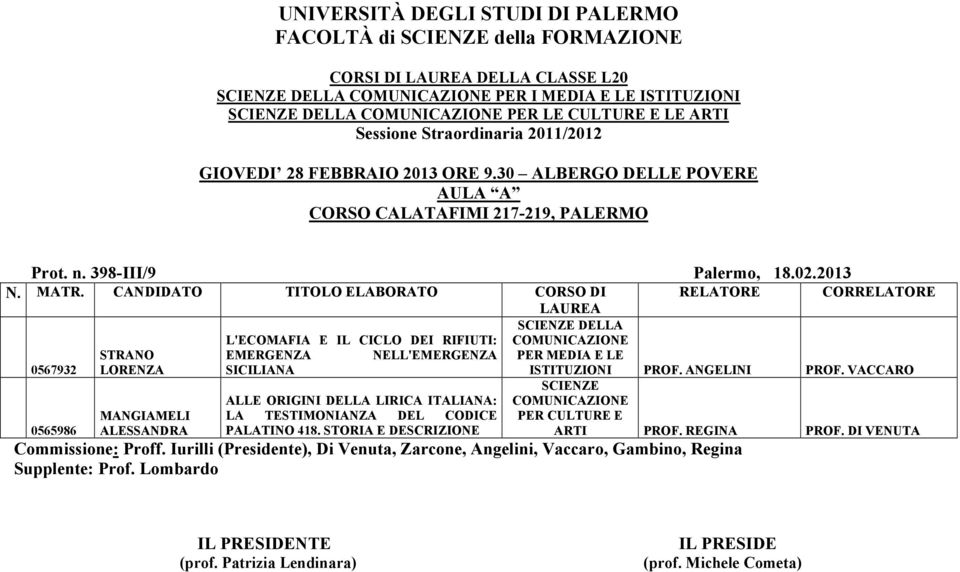 SICILIANA ISTITUZIONI PROF. ANGELINI PROF. VACCARO 0565986 MANGIAMELI ALESSANDRA ALLE ORIGINI DELLA LIRICA ITALIANA: LA TESTIMONIANZA DEL CODICE PALATINO 8.