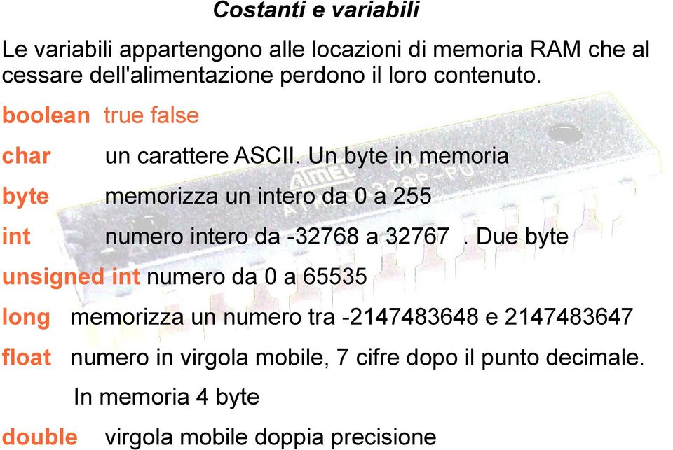 Un byte in memoria byte memorizza un intero da 0 a 255 int numero intero da -32768 a 32767.