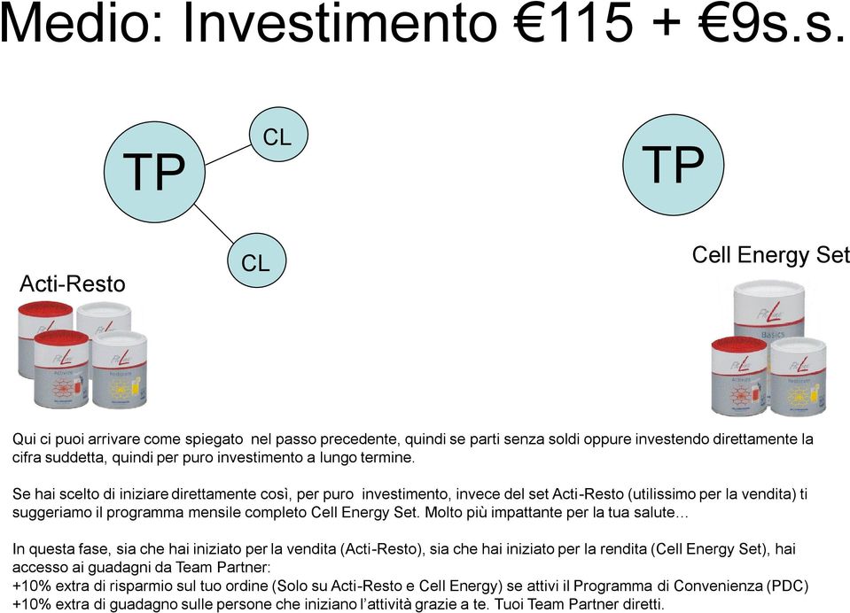 s. Acti-Resto Cell Energy Set Qui ci puoi arrivare come spiegato nel passo precedente, quindi se parti senza soldi oppure investendo direttamente la cifra suddetta, quindi per puro investimento a