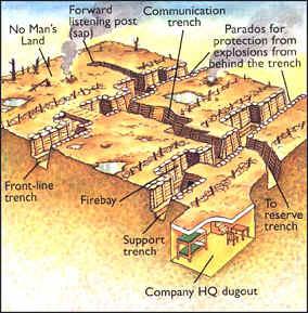 Le trincee erano fossati profondi due o più metri, lunghi anche alcuni chilometri, disposti su più linee, collegati tra loro dai camminamenti (cunicoli scavati nel terreno).