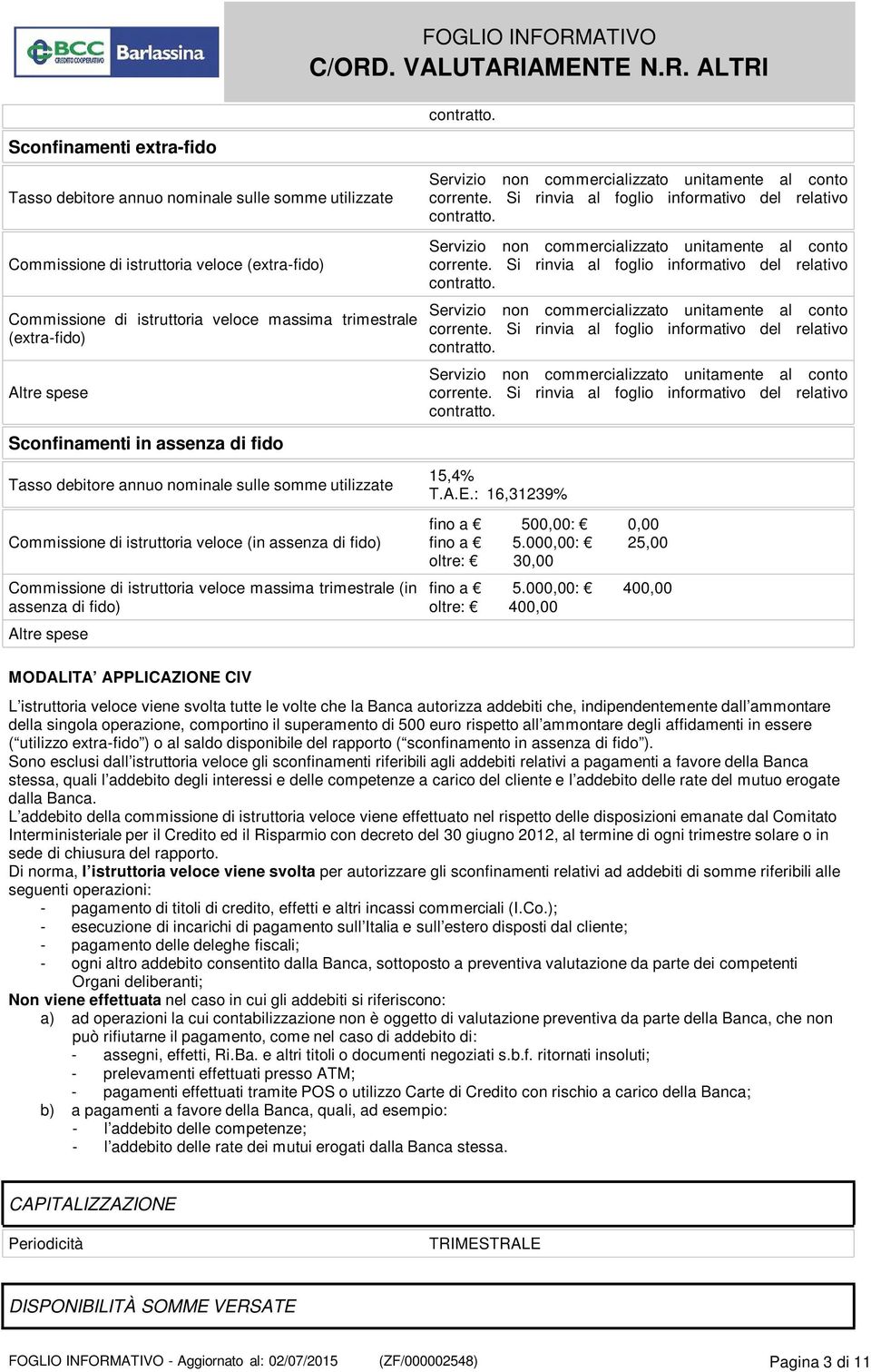 trimestrale (in assenza di fido) Altre spese 15,4% T.A.E.: 16,31239% fino a 500,00: 0,00 fino a 5.000,00: 25,00 oltre: 30,00 fino a 5.