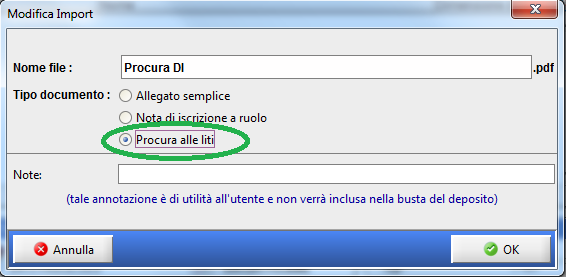 2) Importare gli allegati: cliccare sul tasto importa e selezionarli sempre dalla cartella della pratica ove erano stati salvati, cliccare