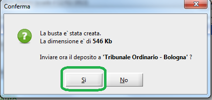 Cliccare infine sul tasto Invia Apparirà il seguente messaggio riepilogativo con la dimensione della busta e l ufficio giudiziario destinatario.