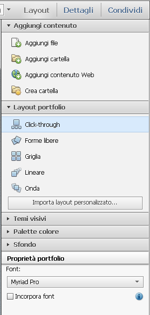 Impostare un tema (Temi visivi), la combinazione di colori (Palette colore) e lo sfondo (Sfondo). Salvare il portfolio: menu File, Salva portfolio. Apertura del portfolio anche da Acrobat Reader.