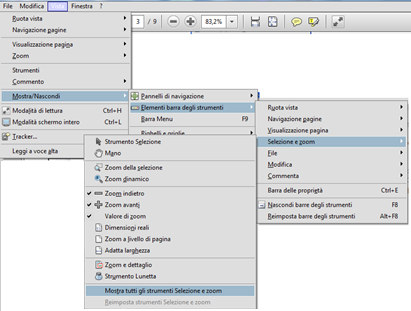 Che cosa si può fare con Acrobat Reader Opzioni di visualizzazione Per visualizzare la barra degli strumenti Selezione e zoom: Dal menu Vista, Mostra/Nascondi, Elementi