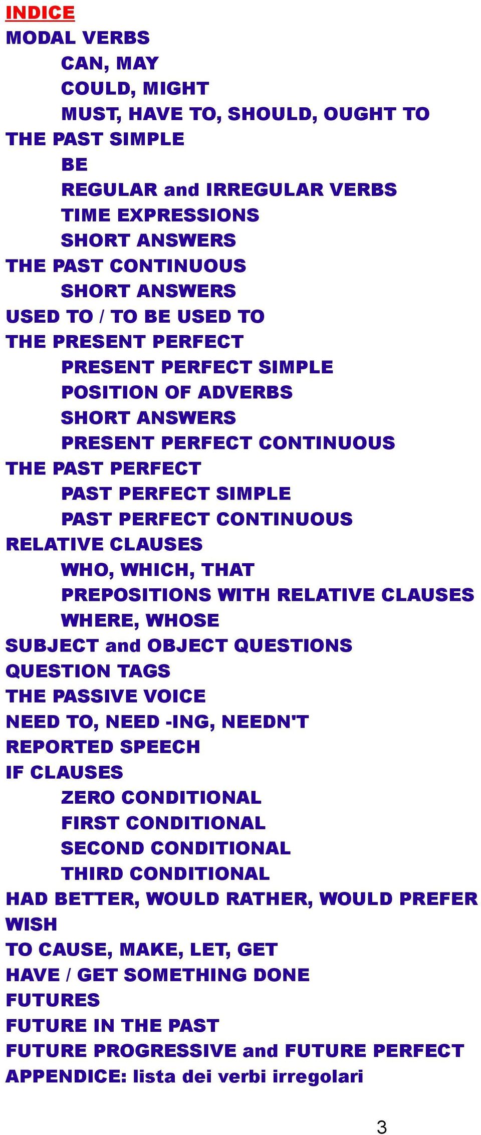 WHICH, THAT PREPOSITIONS WITH RELATIVE CLAUSES WHERE, WHOSE SUBJECT and OBJECT QUESTIONS QUESTION TAGS THE PASSIVE VOICE NEED TO, NEED -ING, NEEDN'T REPORTED SPEECH IF CLAUSES ZERO CONDITIONAL FIRST