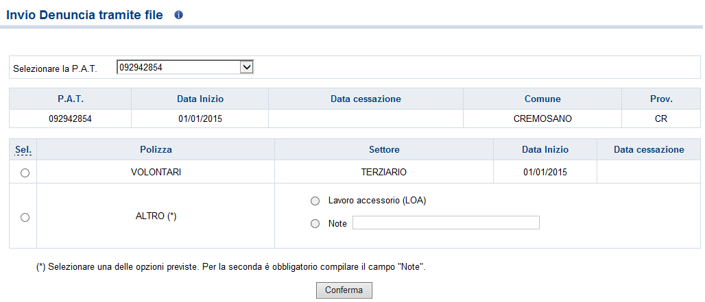 Denuncia/comunicazione di infortunio offline Si seleziona innanzitutto la PAT dalla lista proposta.