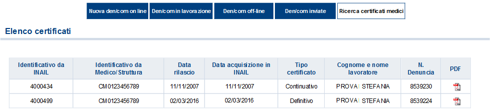 Ricerca certificati medici 4. Data acquisizione in INAIL del certificato medico; 5. Tipo certificato, primo, continuativo o definitivo; 6. Cognome e nome lavoratore; 7. N.