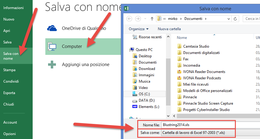 Una volta generato, Il fascicolo di bilancio di Infocamere, dovrà essere salvato con un nome significativo, ad esempio: BLUSTRING2014.XLS.