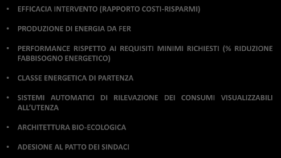 Il bando «FREE»: criteri di valutazione interventi EFFICACIA INTERVENTO (RAPPORTO COSTI-RISPARMI) PRODUZIONE DI ENERGIA DA FER PERFORMANCE RISPETTO AI REQUISITI MINIMI RICHIESTI (%