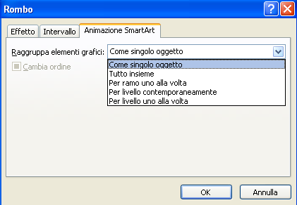 G. Pettarin - Presentation Modulo 6 - Nuova ECDL Il menu dell effetto Rombo Seleziona la voce Opzioni effetto. Nella finestra che appare scegli la scheda Animazione SmartArt.