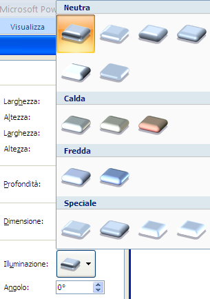 G. Pettarin - Presentation Modulo 6 - Nuova ECDL Ogni opzione dell'elenco Illuminazione definisce una combinazione di una o più luci utilizzate per illuminare una scena 3D: in ogni combinazione ogni