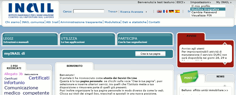 Menu Invio Delegato/Incaricato del D.L. campo selezionato automaticamente dall applicativo, in base alle credenziali utilizzate per l accesso ai servizi online dell INAIL.