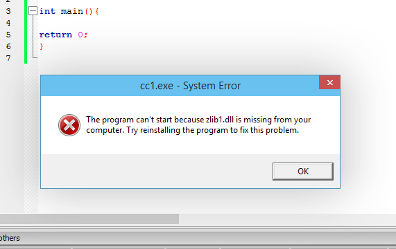 3 Ho scritto il mio programma ma quando provo a compilarlo ed eseguirlo esce il seguente errore: The program can t start because zlib1.dll is missing.