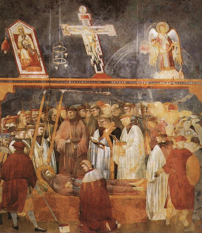 Esequie di San Francesco Basilica superiore di Assisi Analisi descrittiva Scena XXII L accertamento delle stimmate da parte del cavaliere Girolamo Lo spazio è compreso interno della Porziuncola