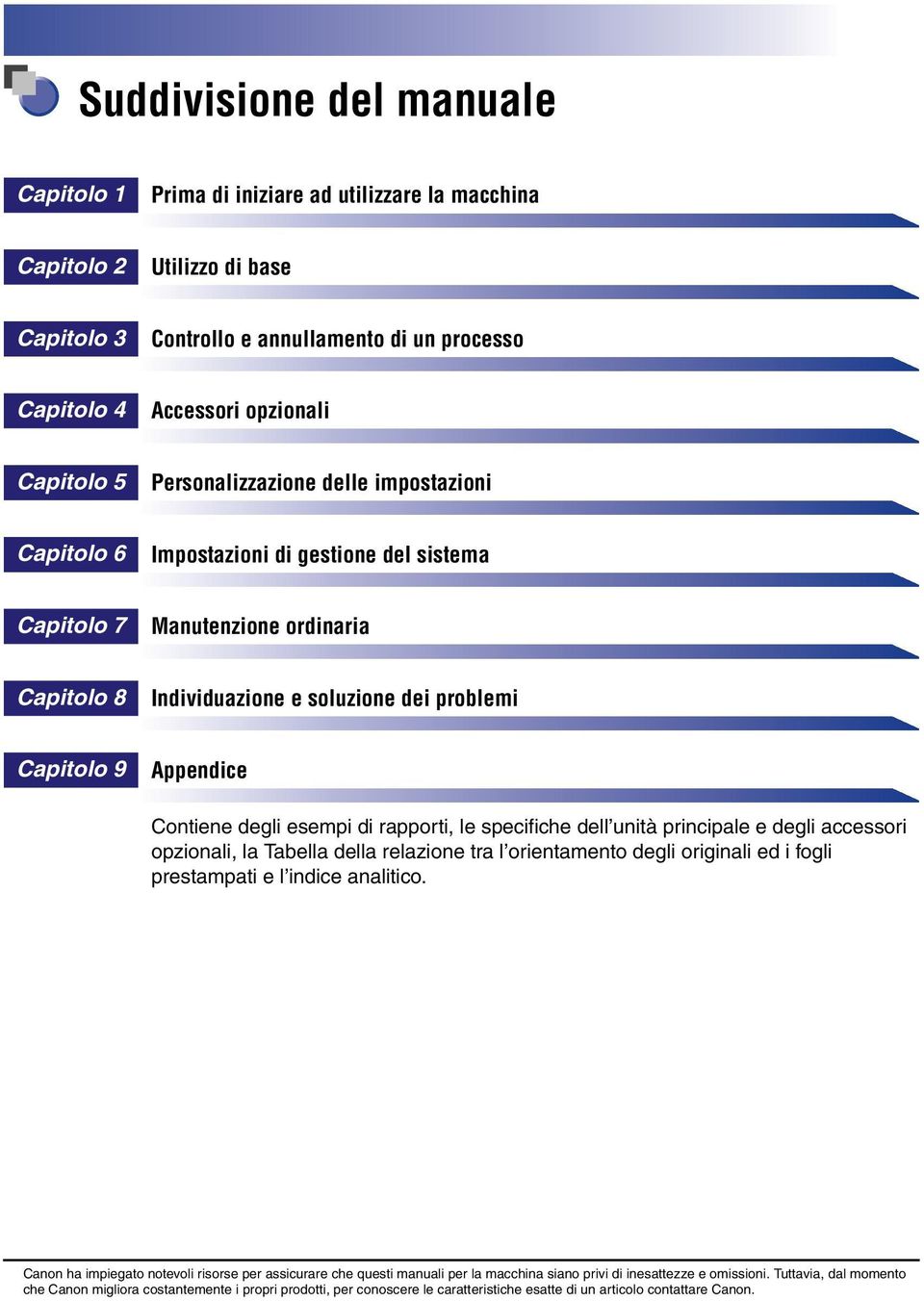 Contiene degli esempi di rapporti, le specifiche dell unità principale e degli accessori opzionali, la Tabella della relazione tra l orientamento degli originali ed i fogli prestampati e l indice