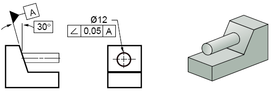 Tolleranze geometriche di orientamento -Perpendicolarità- FOS piane La tolleranza di perpendicolarità è applicata alla scanalatura prismatica. La ZDT è costituita da una coppia di piani, distanti 0.