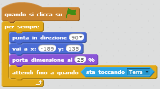 Per quanto riguarda il personaggio bisognerà aggiungere che quando si clicca su bandiera per sempre deve prima posizionare il personaggio al posto giusto (posizione direzione e dimensione) e poi