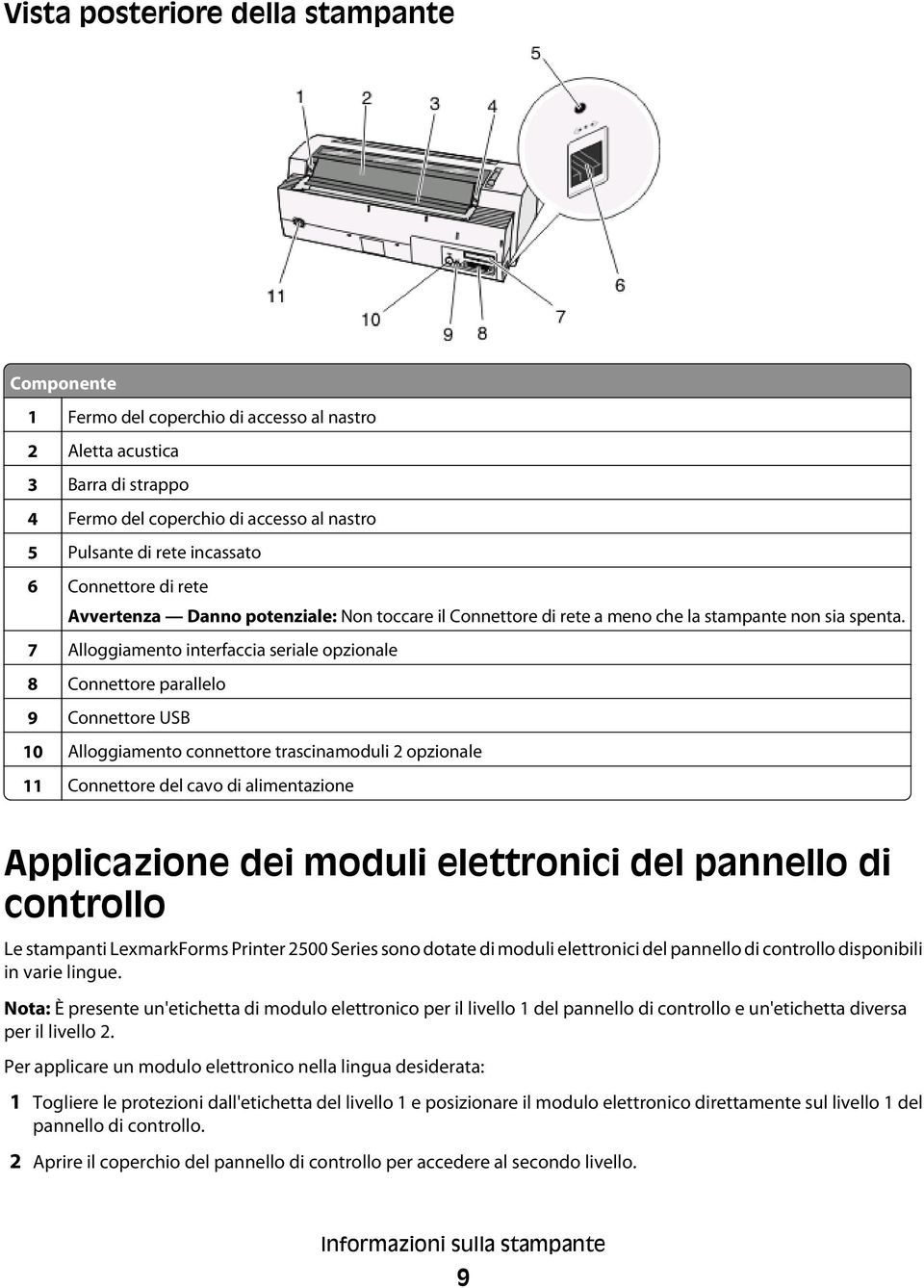 7 Alloggiamento interfaccia seriale opzionale 8 Connettore parallelo 9 Connettore USB 10 Alloggiamento connettore trascinamoduli 2 opzionale 11 Connettore del cavo di alimentazione Applicazione dei