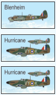 Incursori Inglese (si piazza per primo) Elementi del 2 ed 11 Gruppo, RAF x1 Blenheim Mk.IV Missione di Bombardamento. Si piazza in P7 x2 Hurricane Mk.