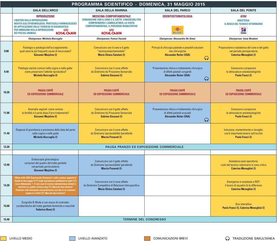 L AMBULATORIO, LA VISITA COMPORTAMENTALE, IL PERCORSO RIABILITATIVO ODONTOSTOMATOLOGIA ATAV ANESTESIA: IL RUOLO DEL TECNICO VETERINARIO Chairperson: Michela Beccaglia Chairperson: Franco Fassola