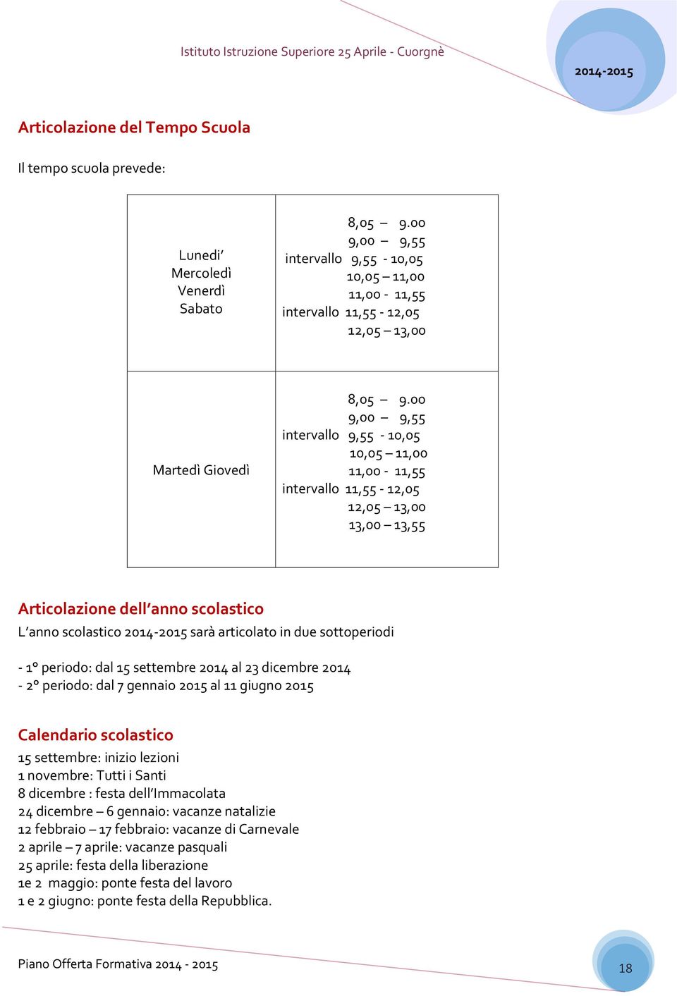 00 9,00 9,55 intervallo 9,55-10,05 10,05 11,00 11,00-11,55 intervallo 11,55-12,05 12,05 13,00 13,00 13,55 Articolazione dell anno scolastico L anno scolastico sarà articolato in due sottoperiodi - 1