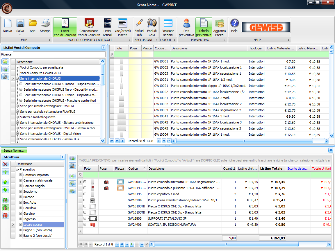STRUTTURA Il programma GWPRICE permette di realizzare preventivi come Elenchi Articoli (costi materiale) o come Computi Metrici (costi