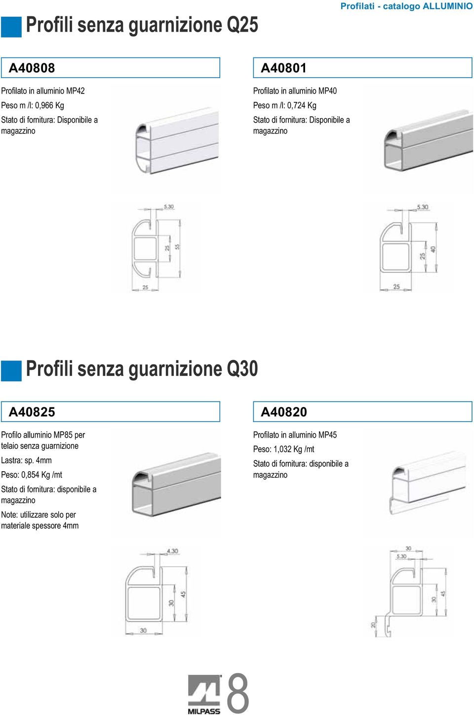 guarnizione Q30 A40825 Profilo alluminio MP85 per telaio senza guarnizione Lastra: sp.