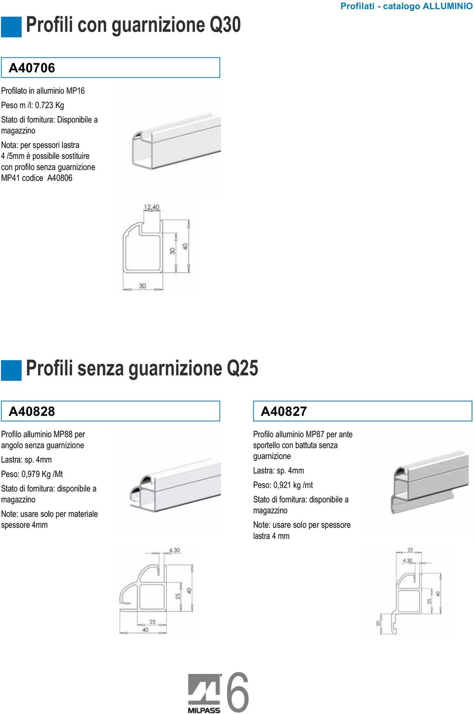 senza guarnizione Q25 A40828 Profilo alluminio MP88 per angolo senza guarnizione Lastra: sp.