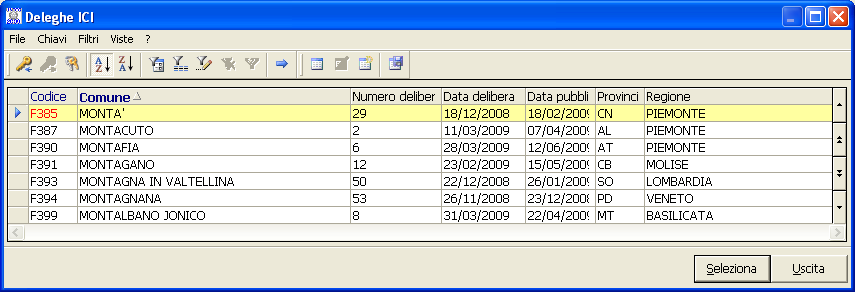 Se nel Valore inizio della ricerca sono indicate solamente le sillabe iniziali che compongono il nome del comune, verranno visualizzate le delibere in archivio relative ai comuni il cui nome inizia