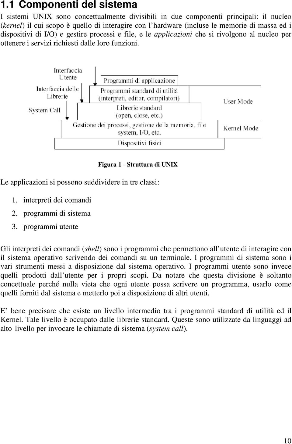 Figura 1 - Struttura di UNIX Le applicazioni si possono suddividere in tre classi: 1. interpreti dei comandi 2. programmi di sistema 3.