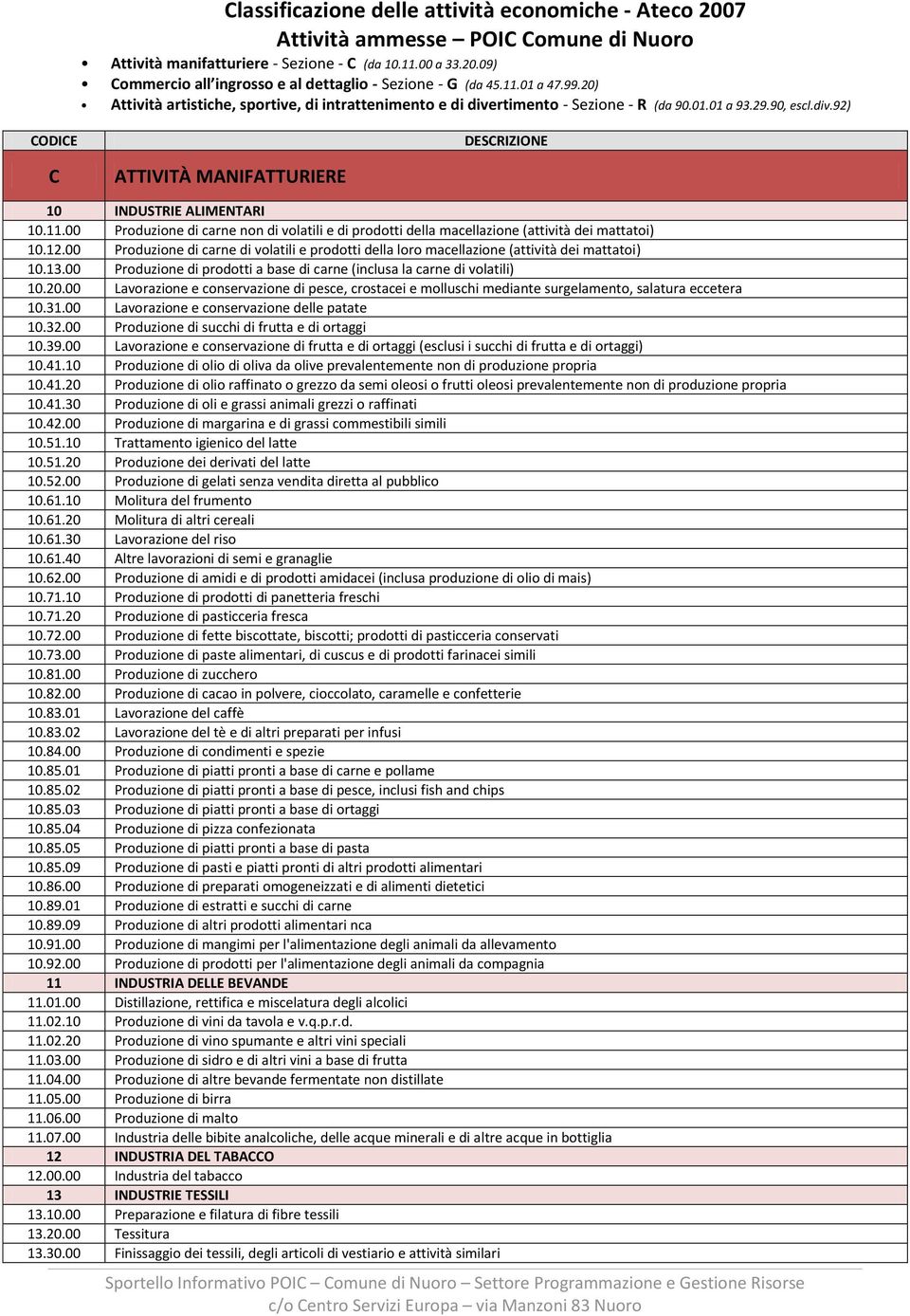 11.00 Produzione di carne non di volatili e di prodotti della macellazione (attività dei mattatoi) 10.12.