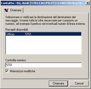 Uso di Desktop Messaging per Microsoft Outlook Se CallPilot non riesce a trovare un numero di telefono valido, a seconda del client, viene visualizzato solo l'indirizzo di posta elettronica o il nome