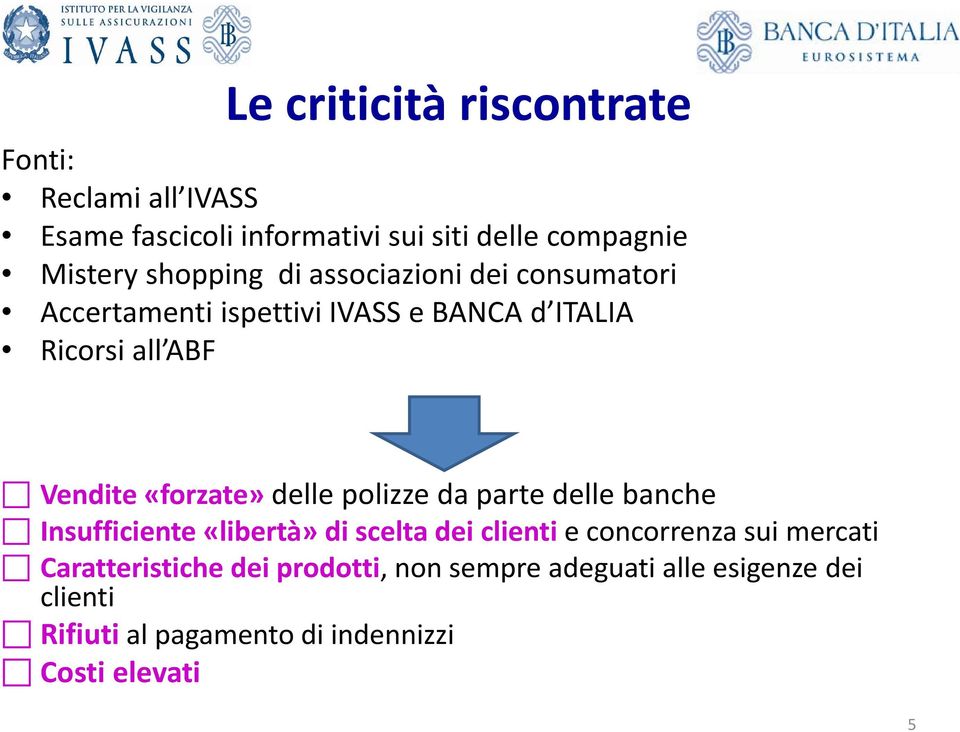 «forzate» delle polizze da parte delle banche Insufficiente «libertà» di scelta dei clienti e concorrenza sui