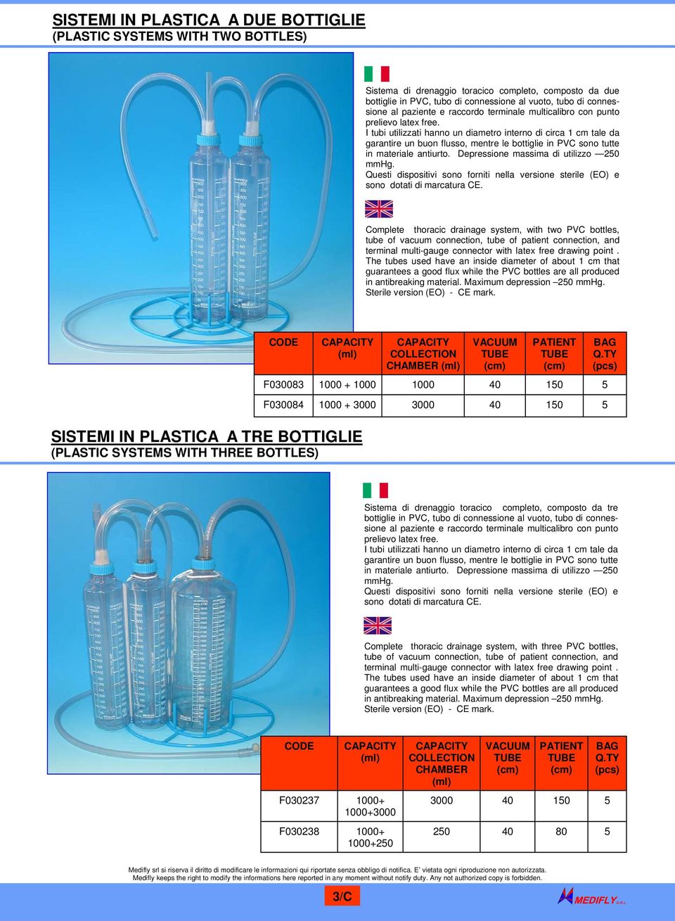 I tubi utilizzati hanno un diametro interno di circa 1 cm tale da garantire un buon flusso, mentre le bottiglie in PVC sono tutte in materiale antiurto. Depressione massima di utilizzo 250 mmhg.